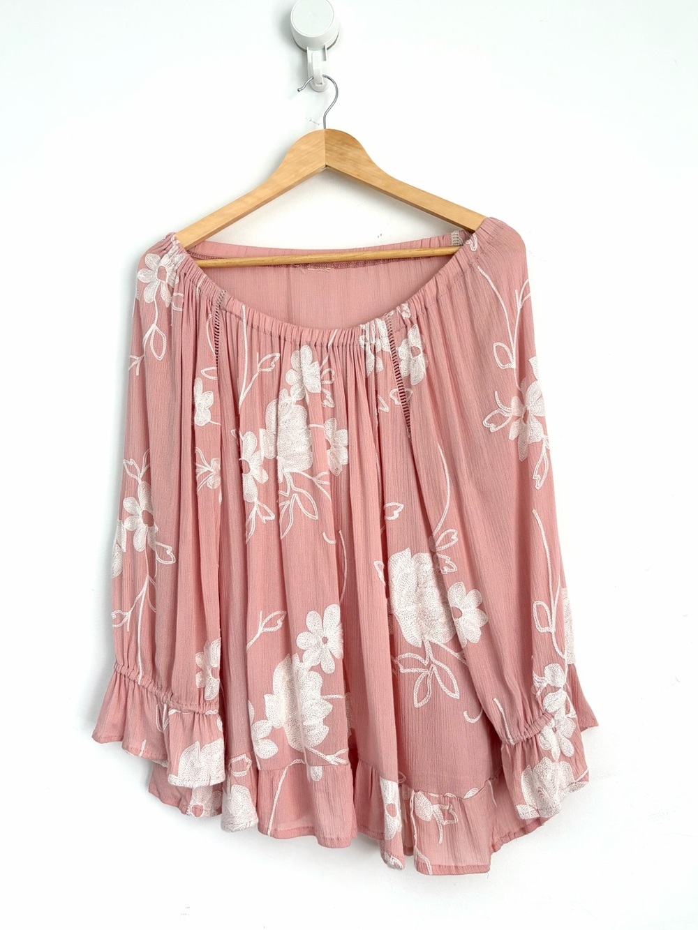 Boho Floral Embroidered Blouse - Ruffle Hem - Size M